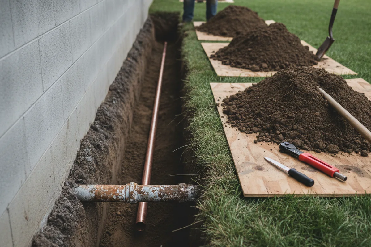 Excavated water line trench during Water Heater Repair in Clyde